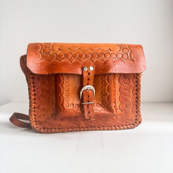 Vintage Hand tooled Brown Whipstitch Detail Square Shoulder Bag - Picture 1 of 5